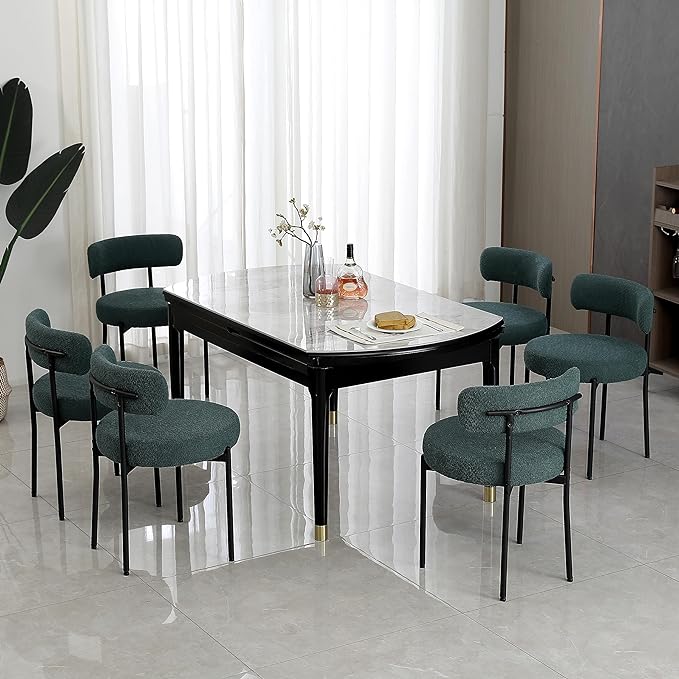 DYHOME Green Dining Chairs Set of 2, Mid-Century Modern Dining Chairs, Kitchen Dining Room Chairs, Curved Backrest Round Upholstered Boucle Sherpa Dining Chair with Black Metal Legs - LeafyLoom