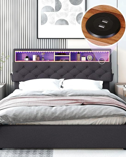 Queen Size Bed Frame with LED Headboard, USB Charging, Upholstered Platform Bed with Storage Drawers and Headboard, No Box Spring Needed, Dark Gray - LeafyLoom