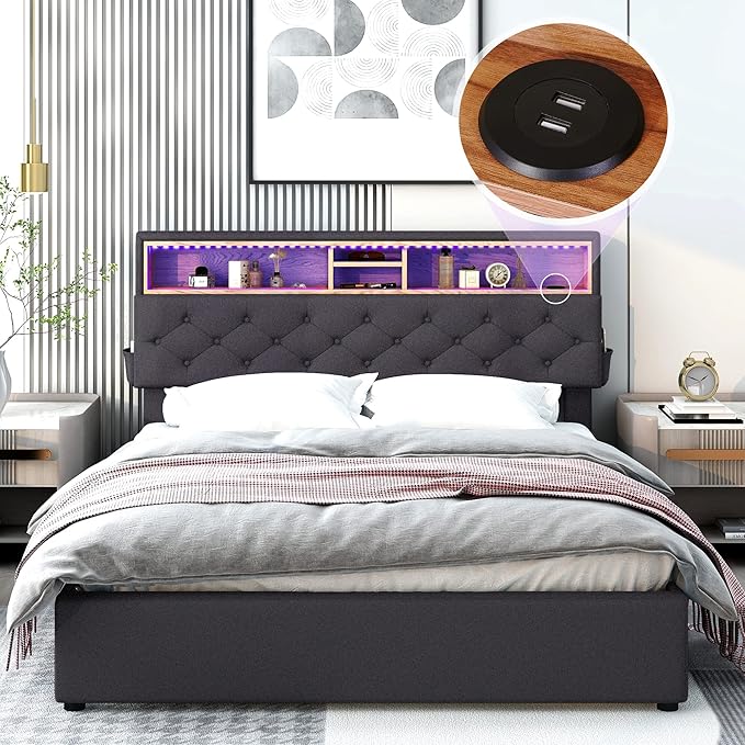 Queen Size Bed Frame with LED Headboard, USB Charging, Upholstered Platform Bed with Storage Drawers and Headboard, No Box Spring Needed, Dark Gray - LeafyLoom