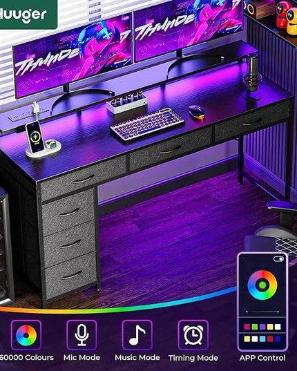 Gaming Desk with 6 Drawers, Computer Desk with LED Lights Power Outlets and Type-C, 54 Inch Office Desk with Storage, Monitor Stand, Writing Desk Work Desk Home Office, Bedroom, Study, Black - LeafyLoom