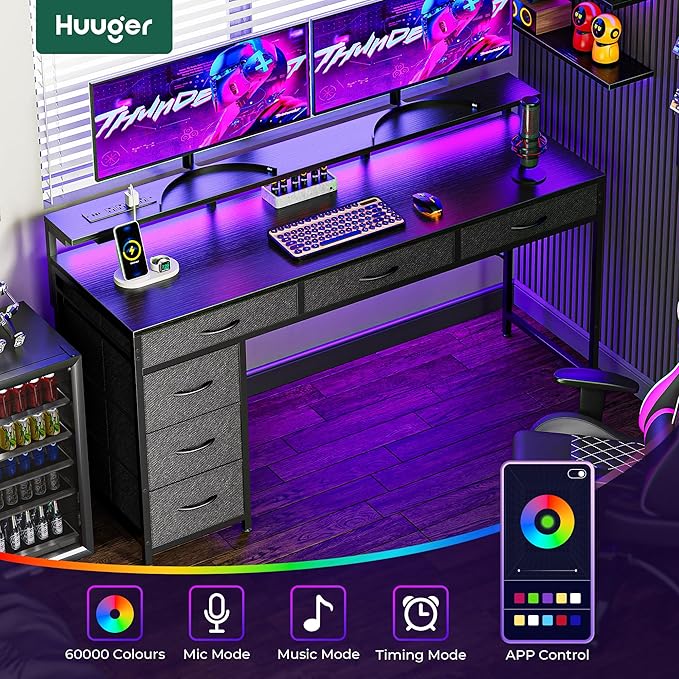 Gaming Desk with 6 Drawers, Computer Desk with LED Lights Power Outlets and Type-C, 54 Inch Office Desk with Storage, Monitor Stand, Writing Desk Work Desk Home Office, Bedroom, Study, Black - LeafyLoom