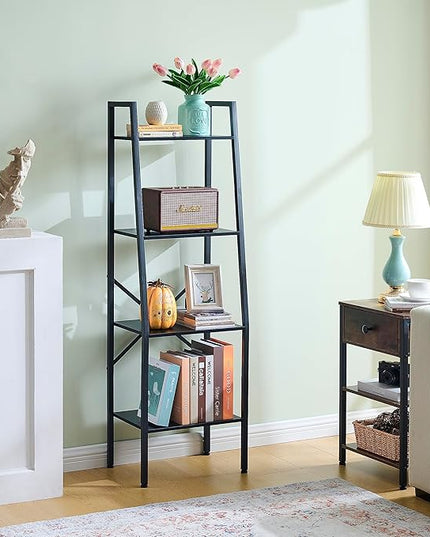 Hoctieon Ladder Shelf Bookcase, 4-Tier Ladder Bookshelf, Tall Bookshelf with Metal Frame, Industrial Bookshelf Ladder, for Living Room, Kitchen, Home Office, Bedroom, Simple Assembly, Black - LeafyLoom