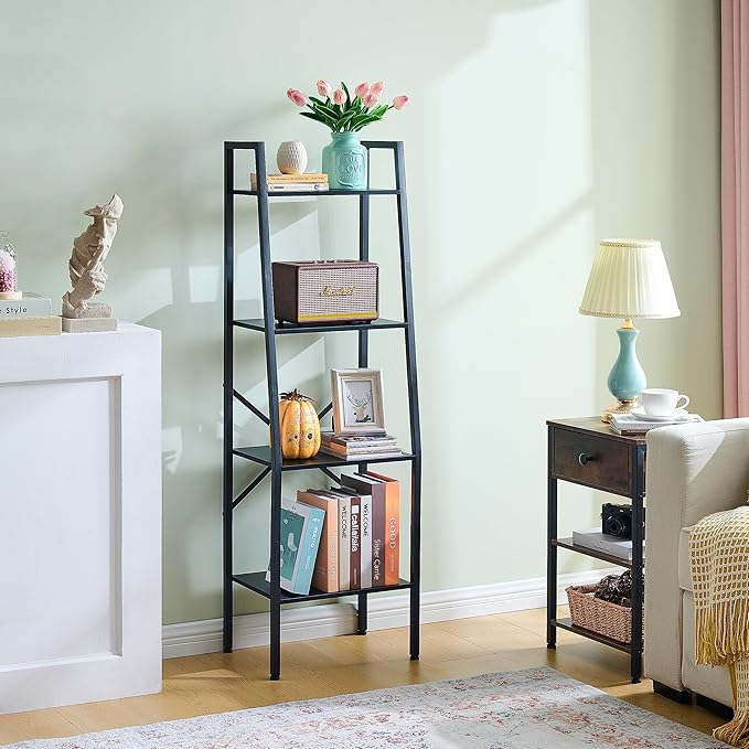Hoctieon Ladder Shelf Bookcase, 4-Tier Ladder Bookshelf, Tall Bookshelf with Metal Frame, Industrial Bookshelf Ladder, for Living Room, Kitchen, Home Office, Bedroom, Simple Assembly, Black - LeafyLoom