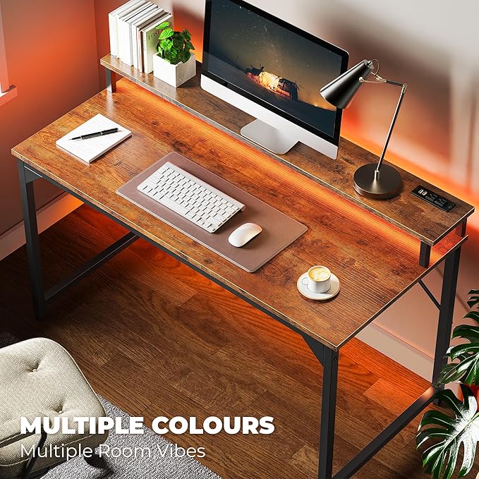 SUPERJARE 47 inch Computer Desk with LED Lights & Power Outlets, Home Office Desk with Monitor Shelf, Small Desk for Home & Office, Rustic Brown - LeafyLoom