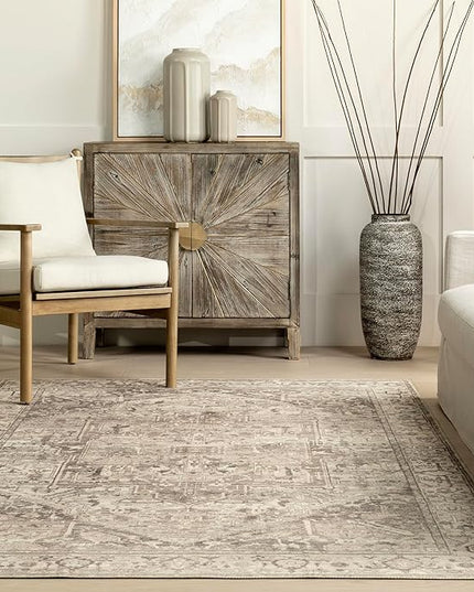 nuLOOM 8 Square Machine Washable Rain Haven Vintage Medallion Area Rug, Grey, Traditional Faded Design, Non-Slip Backing, Stain Resistant, For Bedroom, Dining Room, Living Room, Kitchen - LeafyLoom