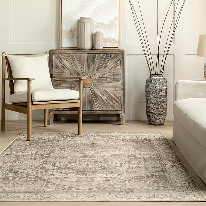 nuLOOM 5x8 Machine Washable Rain Haven Vintage Medallion Area Rug, Grey, Traditional Faded Design, Non-Slip Backing, Stain Resistant, For Bedroom, Dining Room, Living Room, Kitchen - LeafyLoom