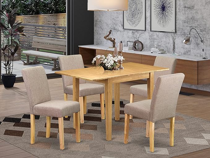 East West Furniture 1NDAB5-OAK-04 5 Piece Set includes a Rectangle Dining Room Table with Dropleaf and 4 Light Tan Linen Fabric Upholstered Parson Chairs, 30x48 Inch - LeafyLoom