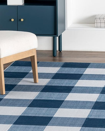 nuLOOM Lucy Machine Washable Farmhouse Buffalo Plaid Ultra Thin Area Rug, 8x10, Blue - LeafyLoom