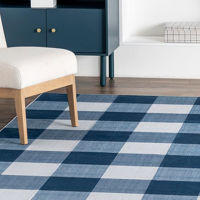 nuLOOM Lucy Machine Washable Farmhouse Buffalo Plaid Ultra Thin Area Rug, 8x10, Blue - LeafyLoom