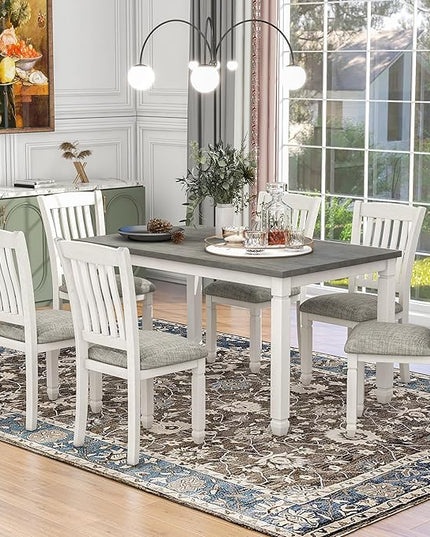 RITSU 7-Piece Dining Set Wood Rectangular Table and 6 Upholstered Chairs with Shaped Legs for Living Furniture, Guest Room, Home Bar, and Kitchen, Gray+White, Natural Cherry - LeafyLoom