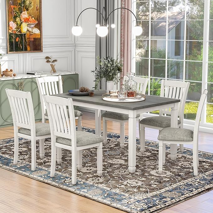 RITSU 7-Piece Dining Set Wood Rectangular Table and 6 Upholstered Chairs with Shaped Legs for Living Furniture, Guest Room, Home Bar, and Kitchen, Gray+White, Natural Cherry - LeafyLoom