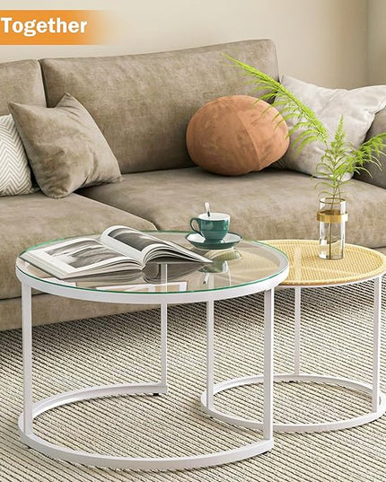 Round Coffee Table Rattan, Boho Coffee Table White, Nesting Coffee Table Set of 2, Circle Coffee Tables for Living Room, Metal Frame - LeafyLoom
