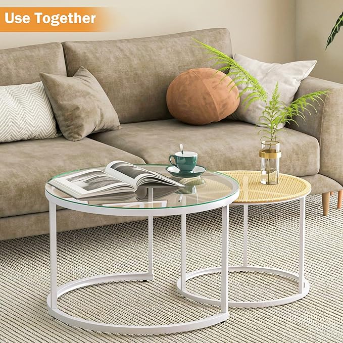 Round Coffee Table Rattan, Boho Coffee Table White, Nesting Coffee Table Set of 2, Circle Coffee Tables for Living Room, Metal Frame - LeafyLoom