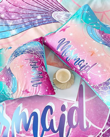 RYNGHIPY Kids Girls Comforter Set 6Pcs, Mermaid Bed in a Bag Twin Size, Fish Tail Print Teens Girls Bedding Set, Rainbow Bedding Collections - LeafyLoom