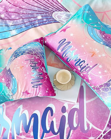 RYNGHIPY Kids Girls Comforter Set 6Pcs, Mermaid Bed in a Bag Queen Size, Fish Tail Print Teens Girls Bedding Set, Rainbow Bedding Collections - LeafyLoom