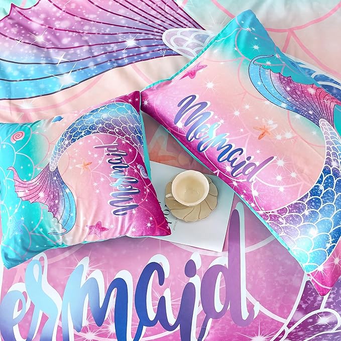 RYNGHIPY Kids Girls Comforter Set 6Pcs, Mermaid Bed in a Bag Queen Size, Fish Tail Print Teens Girls Bedding Set, Rainbow Bedding Collections - LeafyLoom