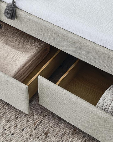 Full Size Upholstered Daybed, Pull Out with Two Storage Drawers, Solid Wood Frame Bed, Tufted Buttons and Copper Nails On Square Arms, for Bedrooms,Apartments - LeafyLoom