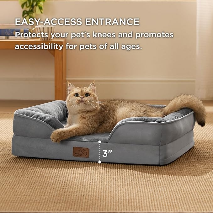 Bedsure Cat Beds for Indoor Cats - Washable Bolster Dog Sofa Beds for Extra Small Dogs, Supportive Foam Pet Couch Bed with Removable Washable Cover, Waterproof Lining and Nonskid Bottom, Grey BEDSURE