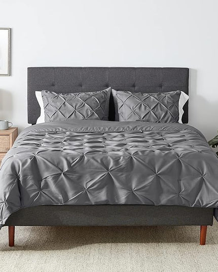 Amazon Basics All-Season Down-Alternative Comforter 3 Piece Bedding Set, Full/Queen, Dark Grey, Pinch Pleat With Piped Edges - LeafyLoom