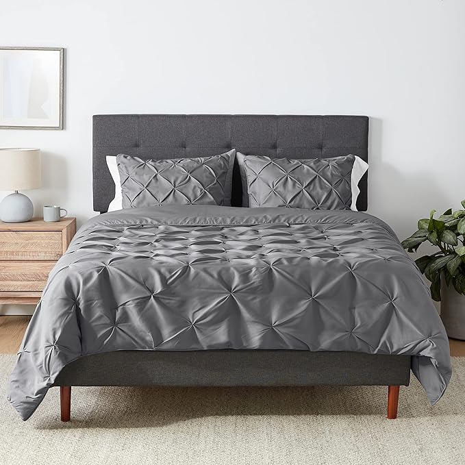 Amazon Basics All-Season Down-Alternative Comforter 3 Piece Bedding Set, Full/Queen, Dark Grey, Pinch Pleat With Piped Edges - LeafyLoom