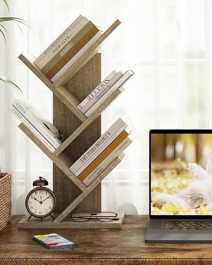 Hoctieon 4 Tier Tree Bookshelf, 4 Shelf Bookcase, Modern Book Storage, Free Standing Tree Bookcase, Utility Organizer Shelves for Home Office, Living Room, Bedroom, Greige - LeafyLoom