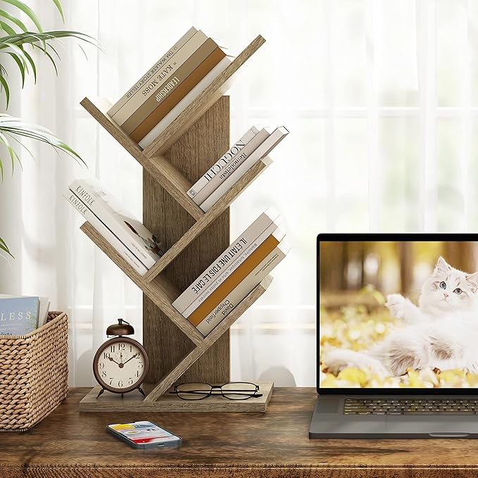 Hoctieon 4 Tier Tree Bookshelf, 4 Shelf Bookcase, Modern Book Storage, Free Standing Tree Bookcase, Utility Organizer Shelves for Home Office, Living Room, Bedroom, Greige - LeafyLoom