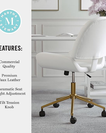 Martha Stewart Tyla Armless Swivel Task Chair for Home Office in White Faux Leather with Polished Brass Frame - LeafyLoom