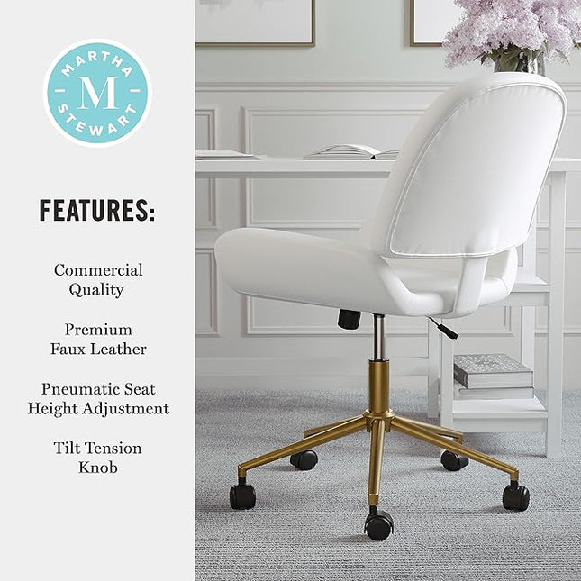 Martha Stewart Tyla Armless Swivel Task Chair for Home Office in White Faux Leather with Polished Brass Frame - LeafyLoom
