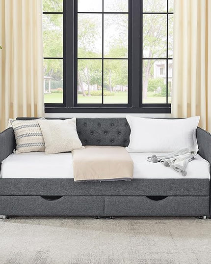 Twin Size Upholstery modern Daybed, Trundle Bed and Two Storage Drawers,pull out Button Tufted Sofa Armrest side with pocket,for Bedroom Living Room,Linen Dark Grey - LeafyLoom