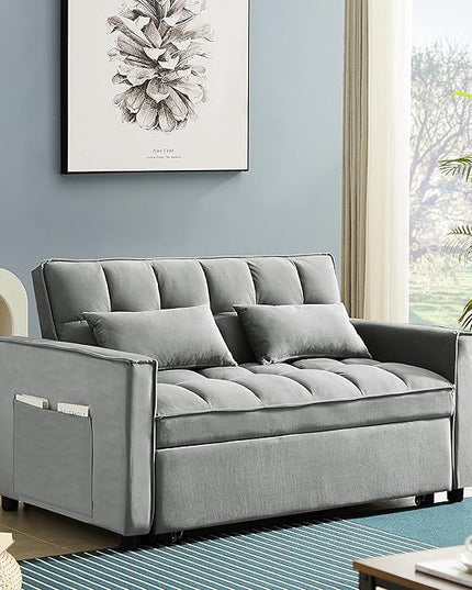 3 in 1 Convertible Loveseat Sleeper Sofa Bed,Modern Velvet Tufted Upholstered Love Seats Sofabed W/Pull Out Sleep Couch and 2 Pillows for Living Room, 55.21", Grey-1123 - LeafyLoom