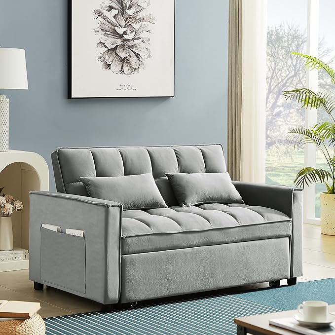 3 in 1 Convertible Loveseat Sleeper Sofa Bed,Modern Velvet Tufted Upholstered Love Seats Sofabed W/Pull Out Sleep Couch and 2 Pillows for Living Room, 55.21", Grey-1123 - LeafyLoom