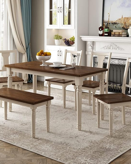 Dining Table Set for 6, Classic 6-Piece Dining Room Table Set with 4 Chairs and Bench, Kitchen Table Set for Dining Room and Living Room, Brown+Cottage White - LeafyLoom