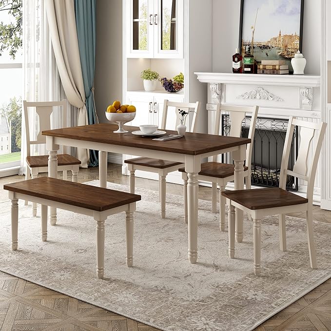 Dining Table Set for 6, Classic 6-Piece Dining Room Table Set with 4 Chairs and Bench, Kitchen Table Set for Dining Room and Living Room, Brown+Cottage White - LeafyLoom