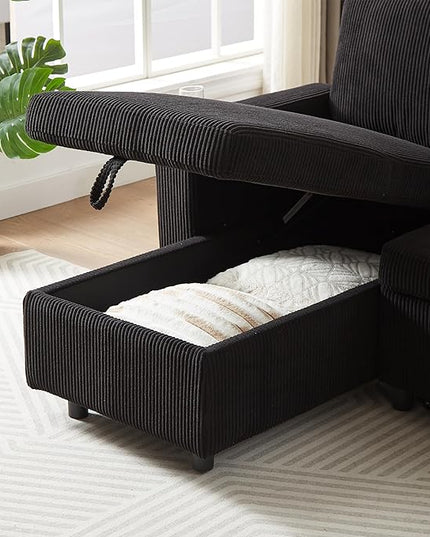 3 Seater Reversible Sleeper Sectional Sofa Bed with Storage Chaise Lounge and Cupholders, Corduroy Upholstered Convertible Sofabed Corner Couch,L Shaped Sofá for Living Room Office, Black 78.5" - LeafyLoom