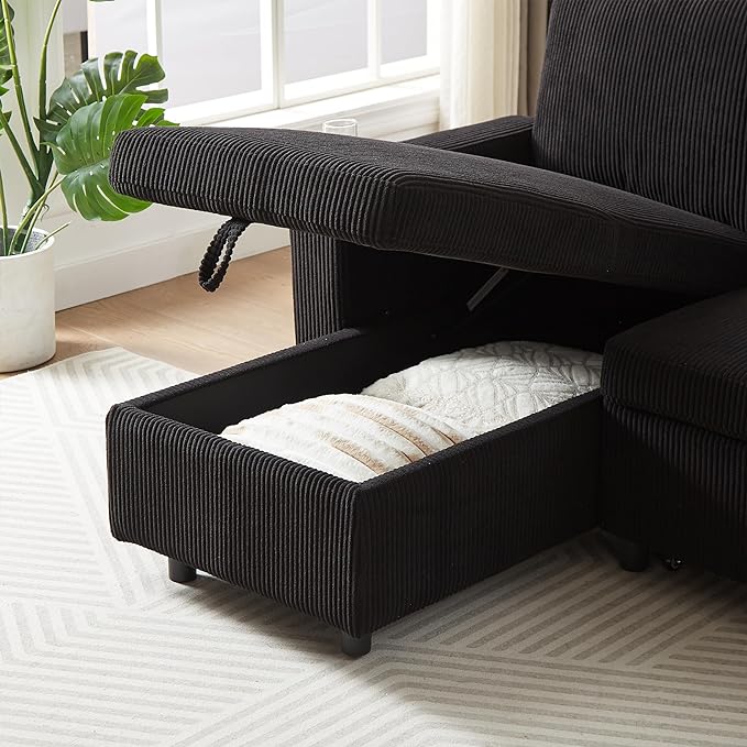 3 Seater Reversible Sleeper Sectional Sofa Bed with Storage Chaise Lounge and Cupholders, Corduroy Upholstered Convertible Sofabed Corner Couch,L Shaped Sofá for Living Room Office, Black 78.5" - LeafyLoom