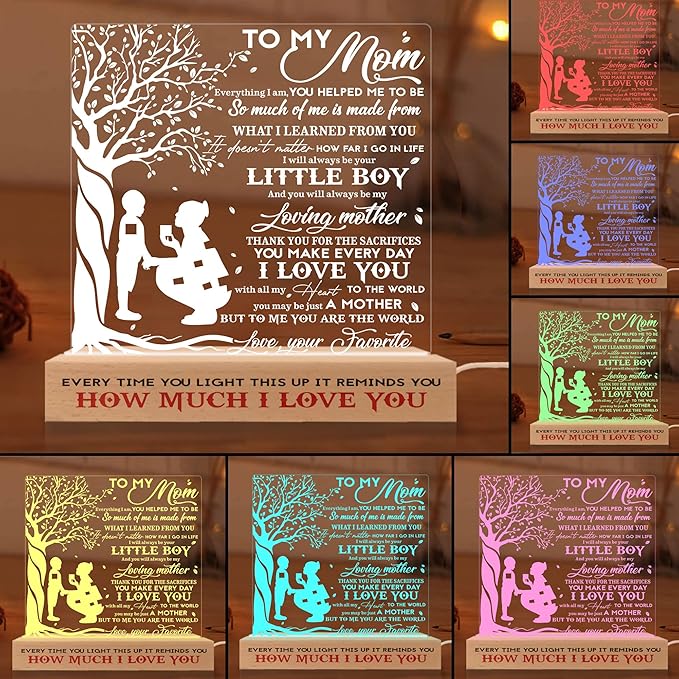 to my Mom 3D Illusion Lamp w/Wooden Base USB Powered, Mom Acrylic Night Light, Gift from Daughter, Bonus Mom Stepmom Gift, Lamp Present for Mom Mother, Gift for Birthday Mothers Day - LeafyLoom