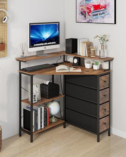 Corner Desk with Drawers Shelves for Small Space 90 Degrees Triangle Computer Desk with Power Outlets,Gaming Desk with LED Lights Monitor Stand for Home Office Workstation Writing Table (Brown) - LeafyLoom