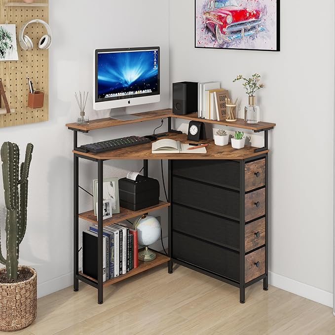 Corner Desk with Drawers Shelves for Small Space 90 Degrees Triangle Computer Desk with Power Outlets,Gaming Desk with LED Lights Monitor Stand for Home Office Workstation Writing Table (Brown) - LeafyLoom