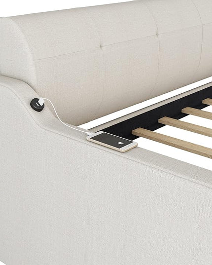 Frame Twin Size Upholstered Daybed USB Ports, Trundle Can Be Flat or Erected, Elegant Sofa Bed for Living Room Bedroom Guestroom, Easy to Assemble, Charging Design, Beige - LeafyLoom