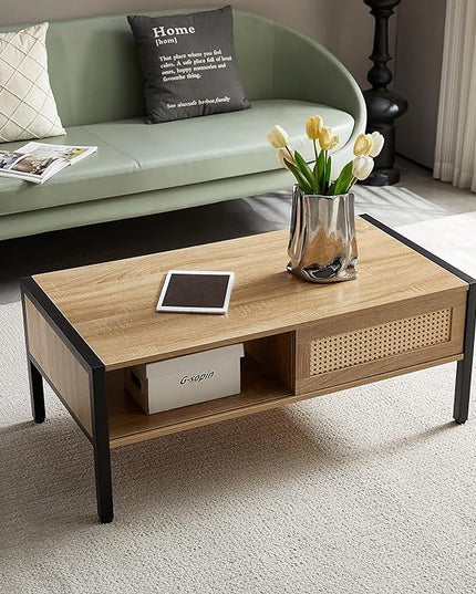 Rattan Coffee Table 40 Inch Mid Century Modern Coffee Table with Storage, Industrial Metal Rectangle Wood Center Table with Rattan Sliding Door for Living Room, Natural - LeafyLoom