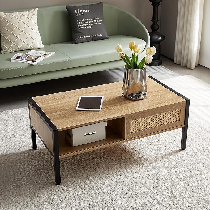 Rattan Coffee Table 40 Inch Mid Century Modern Coffee Table with Storage, Industrial Metal Rectangle Wood Center Table with Rattan Sliding Door for Living Room, Natural - LeafyLoom