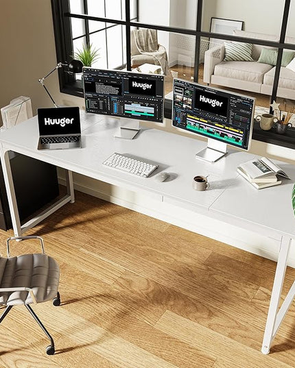 Computer Desk, 70 Inch Office Desk, Gaming Desk with Storage, Writing Desk Work Desk for Home Office, Study, Long Simple Desk, Large Legroom, Metal Frame, White - LeafyLoom