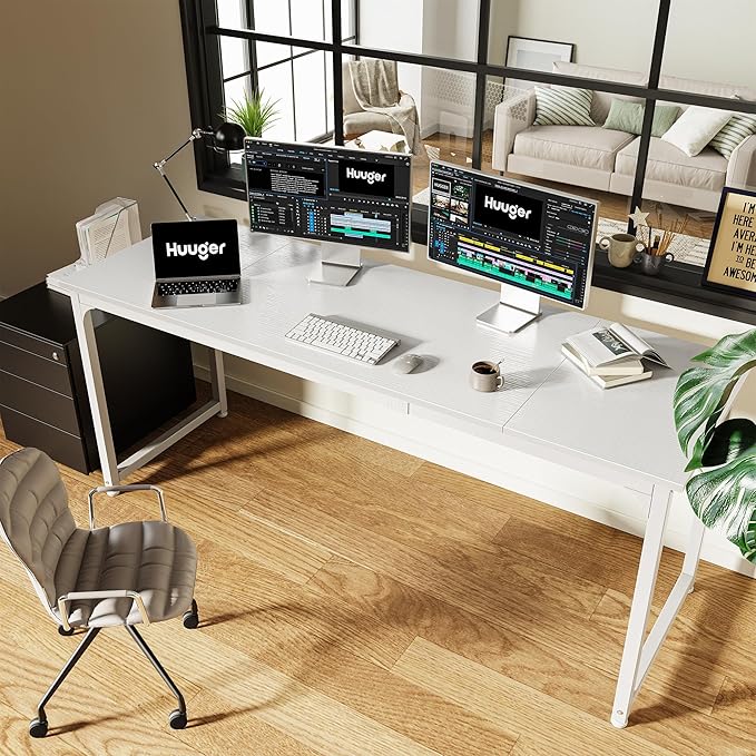 Computer Desk, 70 Inch Office Desk, Gaming Desk with Storage, Writing Desk Work Desk for Home Office, Study, Long Simple Desk, Large Legroom, Metal Frame, White - LeafyLoom