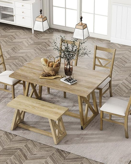 Merax Table Cross Legs, Kitchen Set with 4 Upholstered Dining Chairs and Solid Wood Bench, 6-Piece Farmhouse, Natural - LeafyLoom