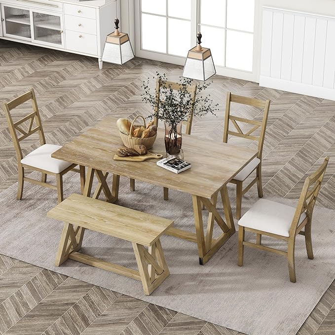 Merax Table Cross Legs, Kitchen Set with 4 Upholstered Dining Chairs and Solid Wood Bench, 6-Piece Farmhouse, Natural - LeafyLoom