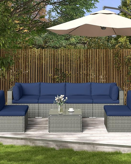 SUNVIVI OUTDOOR 7 Piece Patio Furniture Sets All Weather Gery PE Wicker Couch Sofa with Glass Table, Removable Navy Cushions - LeafyLoom