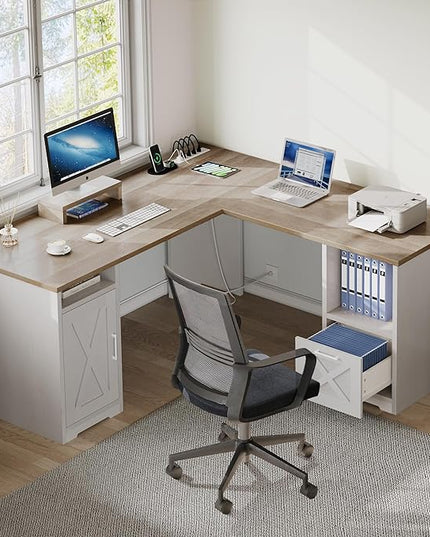 YITAHOME L Shaped Desk with Power Outlets, 60 Inch Computer Desk Corner Desk with File Drawer, Home Office Desk with Monitor Stand & Storage Shelves, L-Shaped Desk with File Cabinet, Grey Wash - LeafyLoom
