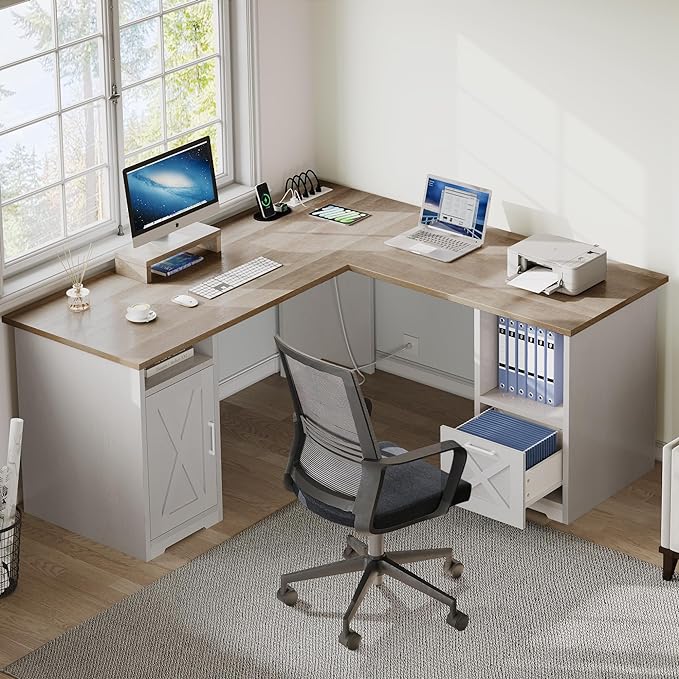 YITAHOME L Shaped Desk with Power Outlets, 60 Inch Computer Desk Corner Desk with File Drawer, Home Office Desk with Monitor Stand & Storage Shelves, L-Shaped Desk with File Cabinet, Grey Wash - LeafyLoom