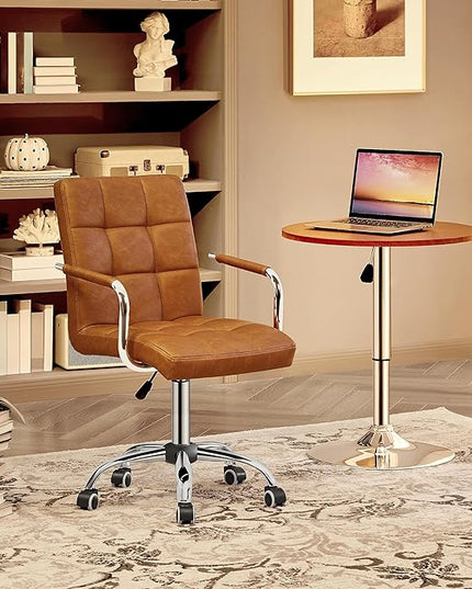 Yaheetech PU Leather Office Desk Chair Mid Back Height Adjustable Chair Comfortable Computer Swivel Chair w/Armrests, Retro Brown - LeafyLoom