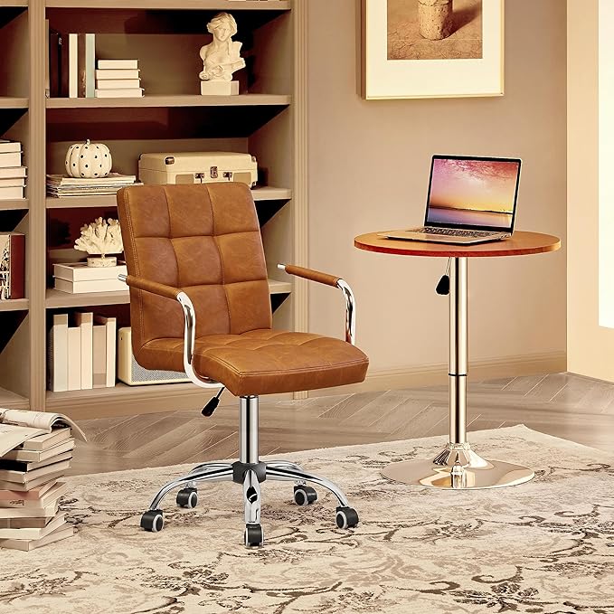 Yaheetech PU Leather Office Desk Chair Mid Back Height Adjustable Chair Comfortable Computer Swivel Chair w/Armrests, Retro Brown - LeafyLoom